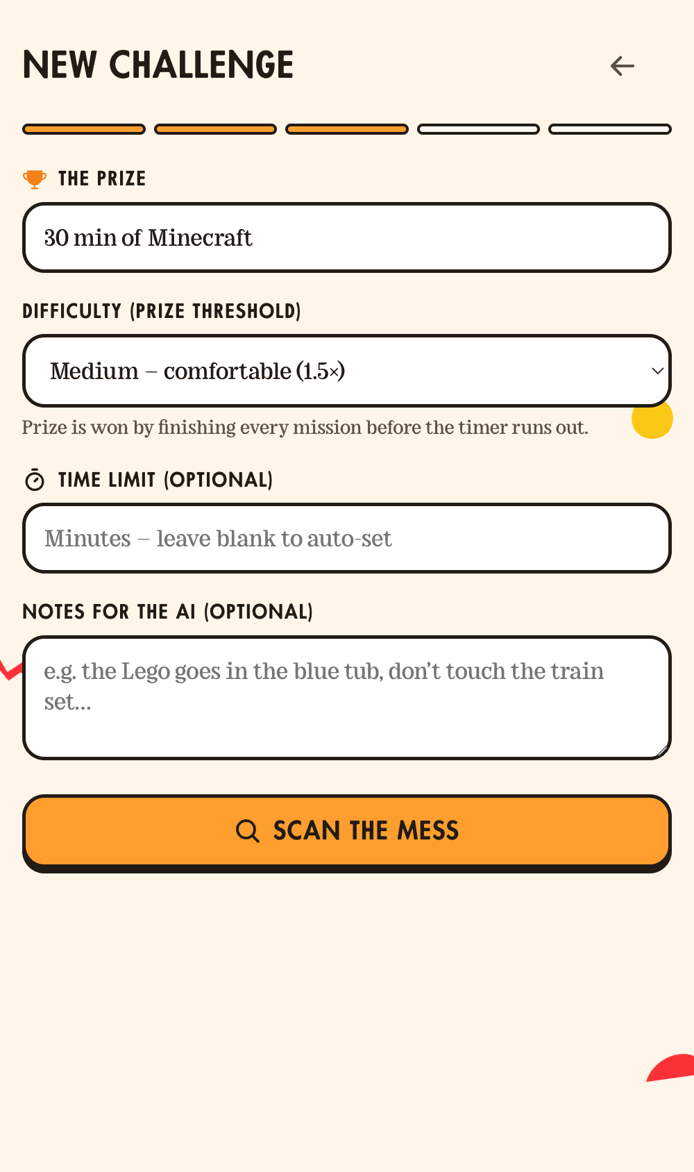 Prize and difficulty setup screen